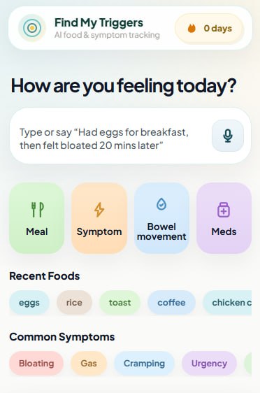 Find My Triggers mobile app home screen with voice and quick-add food and symptom logging